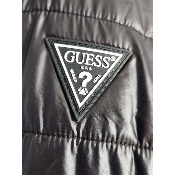 Women's GUESS Black Mixed Puffer softshell Hooded Zip Up Jacket Size L High Low - Picture 5 of 10